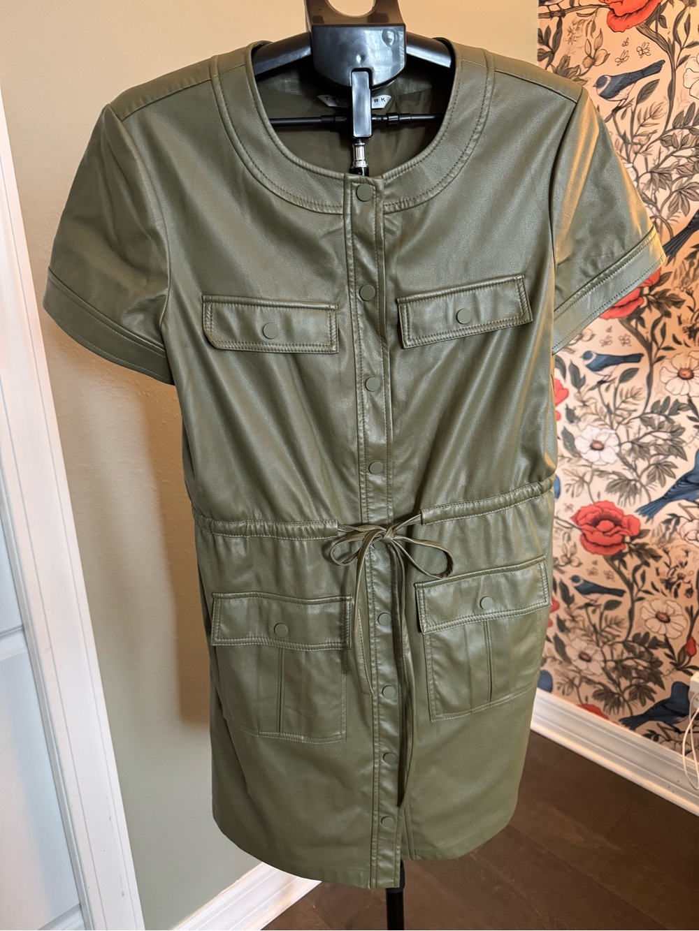 Trina Turk Olive Green Faux Leather Drawstring Mini Dress